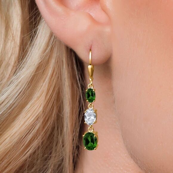 18K Yellow Gold with 5.50 Cttw 3 Stone Green Chrome Diopside and Topaz Earrings - Picture 2 of 5